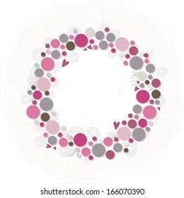 abstract colorful season holiday decoration wreath made of dots and flower shapes with little hearts elegant card centerpiece with blank place for your text isolated on white background