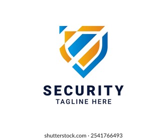 Ilustración de Plantilla de Vector de diseño de logotipo de escudo de seguridad colorido Abstractas para negocios digitales con colores naranja y azul degradados.