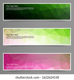 Abstract colorful set of horizontal shiny polygonal banners.Polygonal triangle background.Geometric background. Origami style low poly design.Design for card, wallpaper, website business, web banner, 