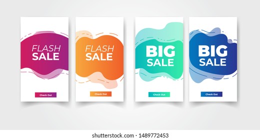 Abstract colorful set. Yellow, cyan, pink, purple hatched shapes. Flowing liquid, layers, dynamical forms. Vector illustration for banner, poster, logo, cover design, Sale - Vector