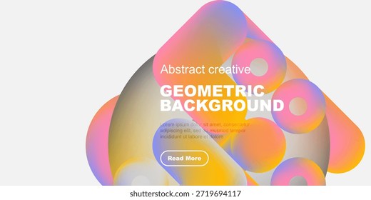Abstractas Formas de colores crean un fondo geométrico dinámico. El texto promueve una mayor exploración a través del Botón. Elementos de diseño modernos presentes.