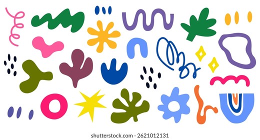 Abstractas Formas de colores y objetos doodle, figuras geométricas, forma orgánica, hoja, rama, coral. Dibujado a mano ilustración moderna de moda. Elementos para imprimir, póster, pegatinas