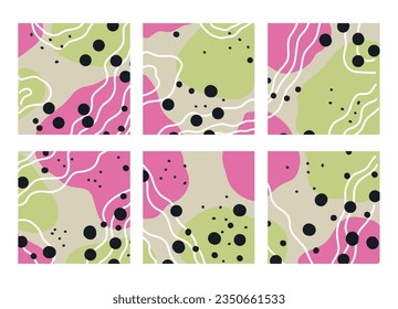 Abstract colorful shapes and dots, wavy lines, and decoration. Artwork split in pieces, watercolor decor or print for home interior design. Cover template or background. Vector in flat style