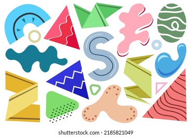 Abstract colorful shapes, geometric forms and figures in different color isolated on white background. Clouds blotches, ribbons, triangles. Flat vector design elements for your designs.
