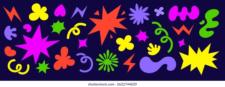 Abstract colorful shapes illustrations set. Retro cartoon style. Groovy funky clouds, flowers and bubbles shapes. Stars, loops and waves. Vector elements collection