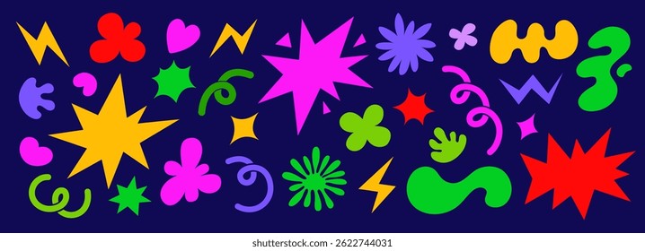 Abstract colorful shapes illustrations set. Retro cartoon style. Groovy funky clouds, flowers and bubbles shapes. Stars, loops and waves. Vector elements collection