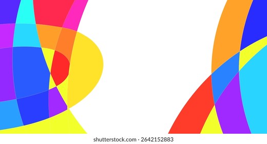 Abstract colorful shapes interweave in a dynamic composition, with vibrant hues and smooth curves against a white background