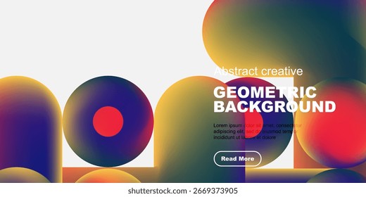 Abstract colorful shapes overlap black background. Text promotes geometric designs, includes call to action button. Modern visual presentation.