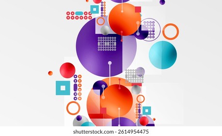 Abstract colorful shapes overlap. Circles, squares, dots create dynamic composition. Modern design elements present vibrant visual experience.