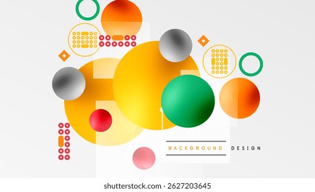 Abstract colorful shapes overlap, creating dynamic visual composition. Circles, squares, dots form modern design elements.