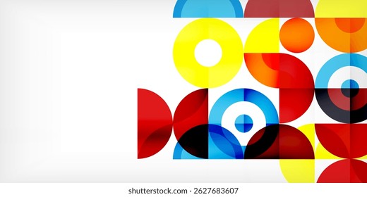 Abstract colorful shapes overlap, creating dynamic composition. Bright hues contrast with dark background. Modern design elements present.