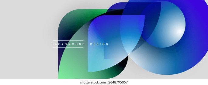 Abstract colorful shapes overlap, creating dynamic visual effect. Gradient hues blend, forming modern background design. Smooth transitions present clean aesthetic.
