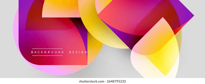 Abstract colorful shapes overlap, creating dynamic visual effect. Gradient hues blend, forming modern background design.
