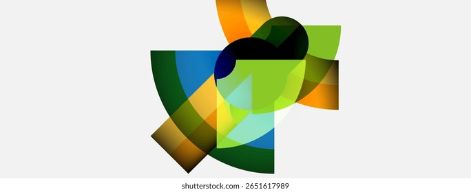 Abstract colorful shapes overlap, creating dynamic composition. Bright hues blend, forming modern visual experience.