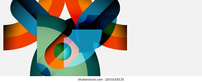 Formas coloridas abstratas se sobrepõem, criando uma impressão floral dinâmica. Matizes brilhantes se misturam, formando um elemento de design moderno.