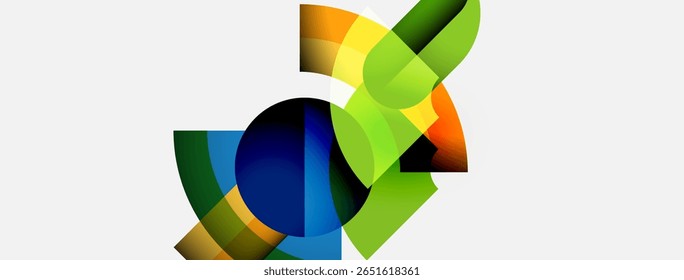 Abstract colorful shapes overlap, creating dynamic composition. Bright hues blend, suggesting movement, energy, innovation. Modern design.