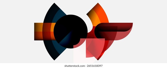 Formas coloridas abstratas se sobrepõem, criando composição dinâmica. O design moderno apresenta gradientes, curvas, contrastes arrojados. Estética minimalista.