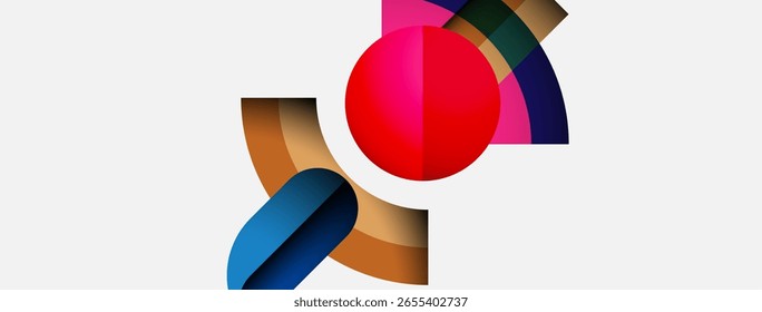 Abstract colorful shapes overlap, creating dynamic composition. Red circle dominates center, surrounded by curved forms. Modern design.
