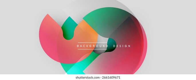 Formas coloridas abstratas se sobrepõem, criando um efeito visual dinâmico. Elementos de design modernos sugerem fluidez, inovação. Fundo claro aumenta a vibração.