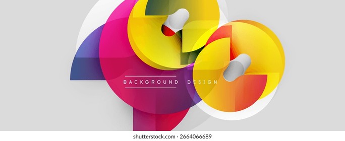 Abstract colorful shapes overlap, creating dynamic visual effect. Bright gradients, smooth curves, modern design elements present.