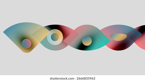 Abstract colorful shapes overlap, creating wavy pattern. Soft gradients blend hues, forming modern design element.