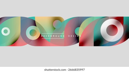 Abstract colorful shapes overlap, creating dynamic background. Modern design features circles, curves, gradients. Text reads background design.