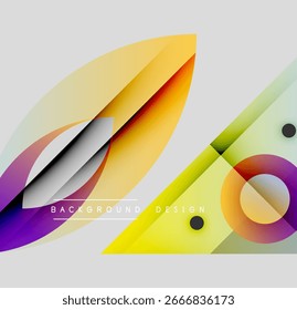 Abstract colorful shapes overlap, creating dynamic visual effect. Modern design elements suggest innovation, energy.