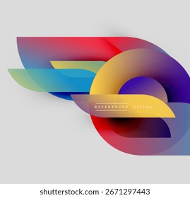 Formas coloridas abstratas se sobrepõem, criando um efeito visual dinâmico. As matizes de gradiente se mesclam suavemente. O texto lê o design do plano de fundo.