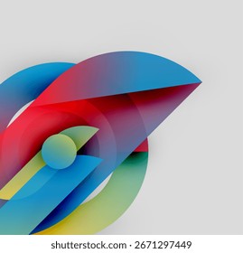 Abstract colorful shapes overlap, creating dynamic composition. Smooth gradients suggest movement, light interplay. Minimalist design.