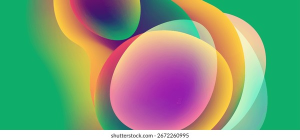 Formas coloridas abstratas se sobrepõem, criando gradientes vibrantes. Transições suaves entre tons sugerem fluidez, dinamismo. O plano de fundo é verde brilhante.