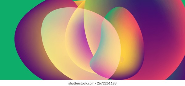 Abstract colorful shapes overlap, creating vibrant gradients. Smooth transitions between hues suggest fluidity, dynamism.
