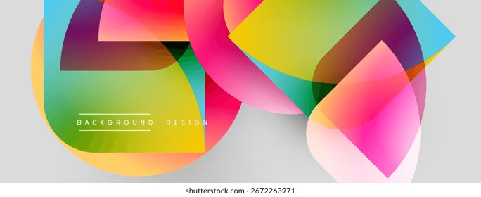 Abstractas Formas de colores se superponen, creando un efecto visual dinámico. Los Gradientes brillantes y las transiciones suaves definen el diseño moderno. El texto de fondo lee el diseño de fondo.