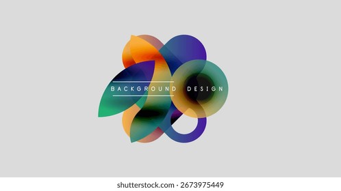 Abstract colorful shapes overlap, creating dynamic visual effect. Background features gradients, text elements present.