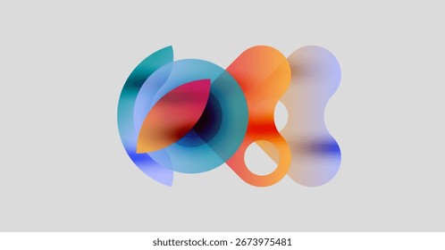 Formas coloridas abstratas se sobrepõem, criando um efeito visual dinâmico. Gradientes suaves sugerem fluidez, movimento, design moderno.