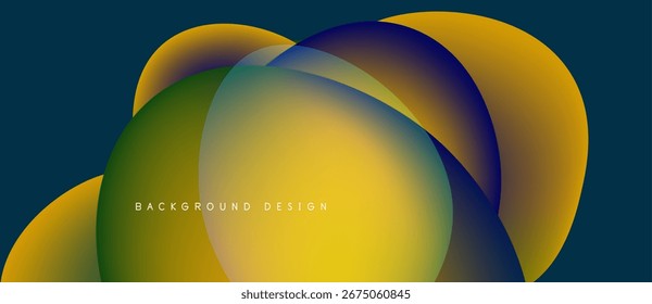 Abstract colorful shapes overlap, creating dynamic visual effect. Gradient hues blend smoothly, forming modern background design.