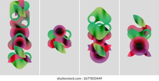 Abstractas Formas de colores se superponen, creando composiciones vibrantes. Cuatro paneles muestran variaciones, Gradientes, transiciones suaves.