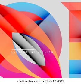 Abstract colorful shapes overlap, creating dynamic visual effect. Modern design features gradients, curves, vibrant hues.