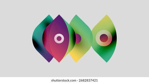 Abstract colorful shapes overlap, creating dynamic visual effect. Gradient hues blend, forming symmetrical composition. Modern design element.