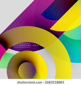 Abstract colorful shapes overlap, creating dynamic visual effect. Gradients blend smoothly, forming modern background design.