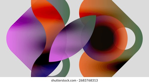Abstrakte, farbenfrohe Formen überlappen sich und erzeugen lebendige Farbverläufe. Weiche Kanten vermischen Farbtöne und bilden eine flüssige Zusammensetzung. Modernes Design.
