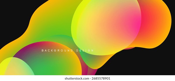 Abstract colorful shapes overlap, creating vibrant fluid design. Background is dark, emphasizing bright gradients. Modern aesthetic.