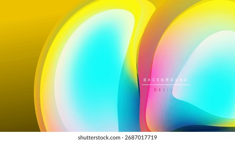 Abstract colorful shapes overlap, creating vibrant gradients. Yellow, blue, pink hues dominate dark background. Modern design element.