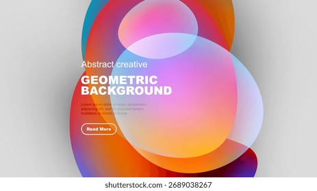 Abstract colorful shapes overlap, creating dynamic geometric background. Text promotes further exploration. Modern design elements present.