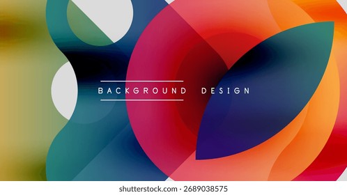 Abstract colorful shapes overlap creating vibrant fluid background. Modern design elements suggest creativity, energy.