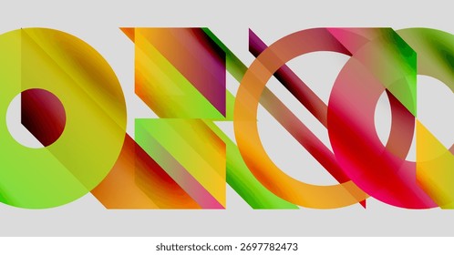 Formas coloridas abstratas se sobrepõem, criando composição visual dinâmica. Gradientes brilhantes sugerem movimento, profundidade. Elemento de design moderno.