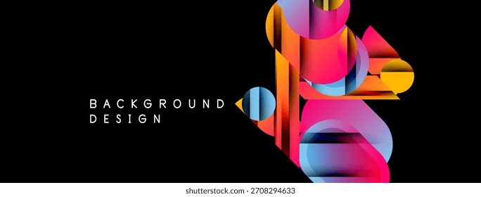 Formas coloridas abstratas se sobrepõem, criando um efeito visual dinâmico. O plano de fundo preto enfatiza elementos de design vibrantes. Apresentação moderna e artística.