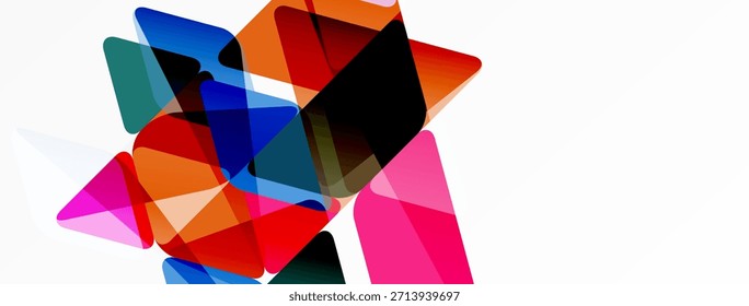 Formas coloridas abstratas se sobrepõem, criando composição dinâmica. Matizes brilhantes contrastam com o fundo branco. Elemento de design moderno.