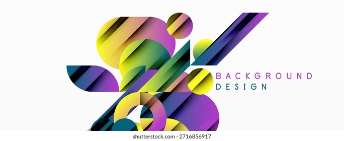 Abstract colorful shapes overlap, creating dynamic visual composition. Modern design elements suggest energy, movement, innovation.