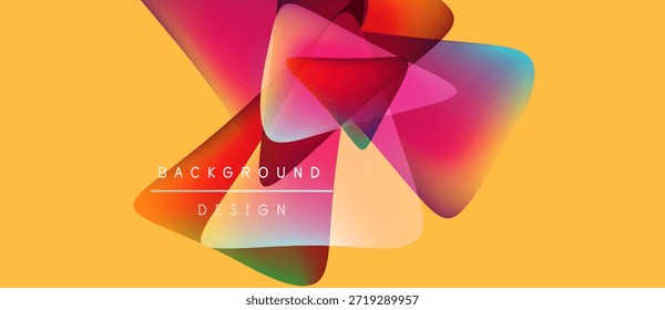 Formas coloridas abstratas se sobrepõem, criando um efeito visual dinâmico. Fundo amarelo melhora tons vibrantes, elementos de design modernos presentes.
