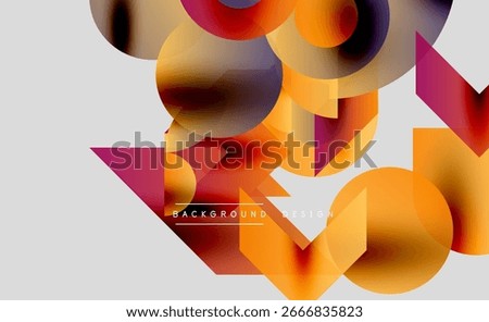 Abstract colorful shapes overlap, creating dynamic visual effect. Warm tones dominate, with hints purple, orange hues. Modern design.
